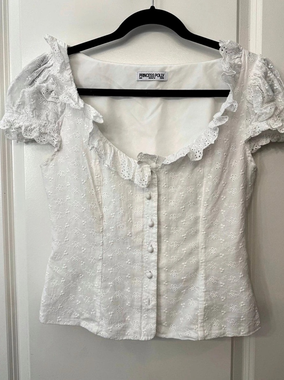 Princess Polly White Eyelet Puff Sleeve Blouse Size 6